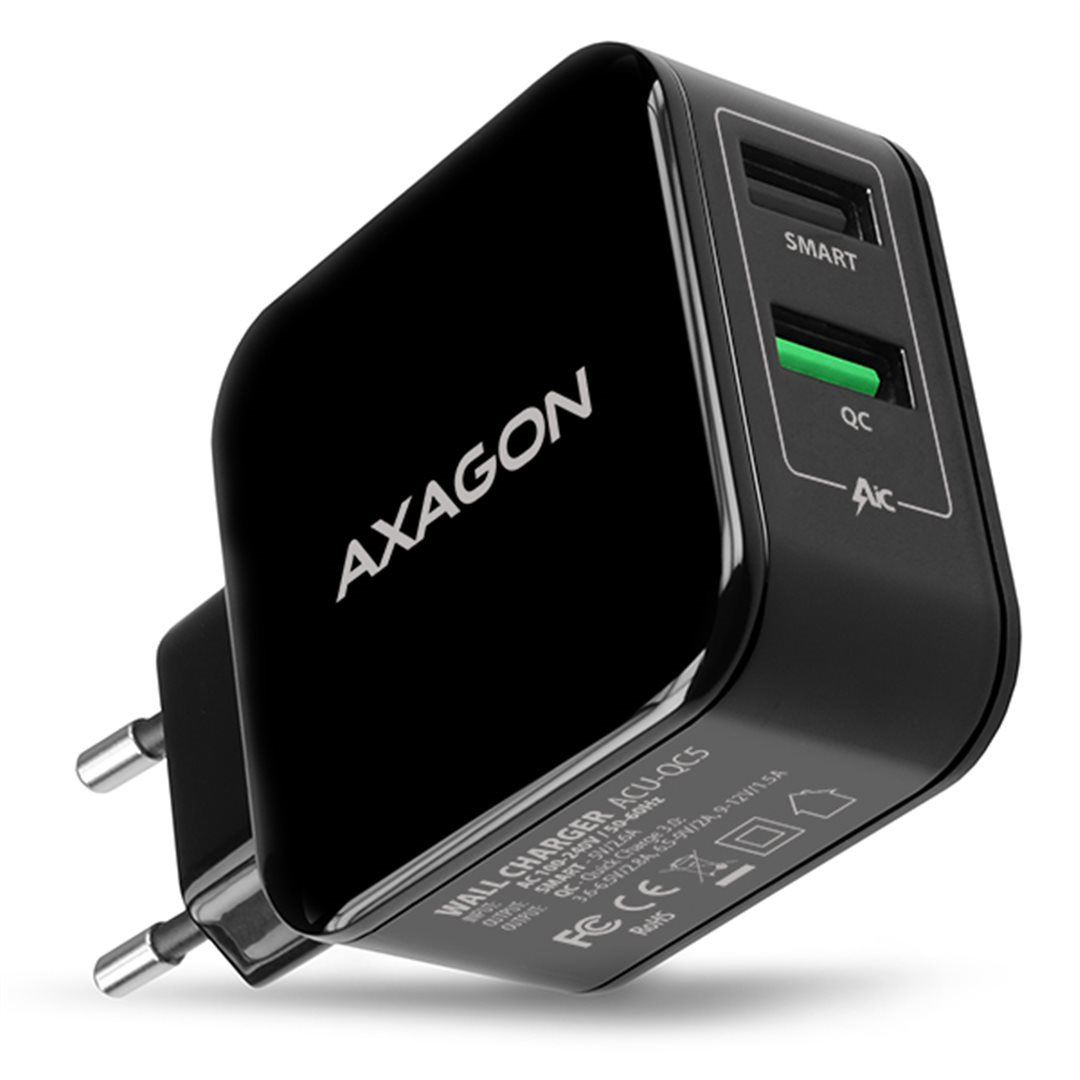 AXAGON ACU-QC5, QUICK a SMART nabíječka do sítě, 2x port QC3.0/AFC/FCP + 5V-2.6A, 31W