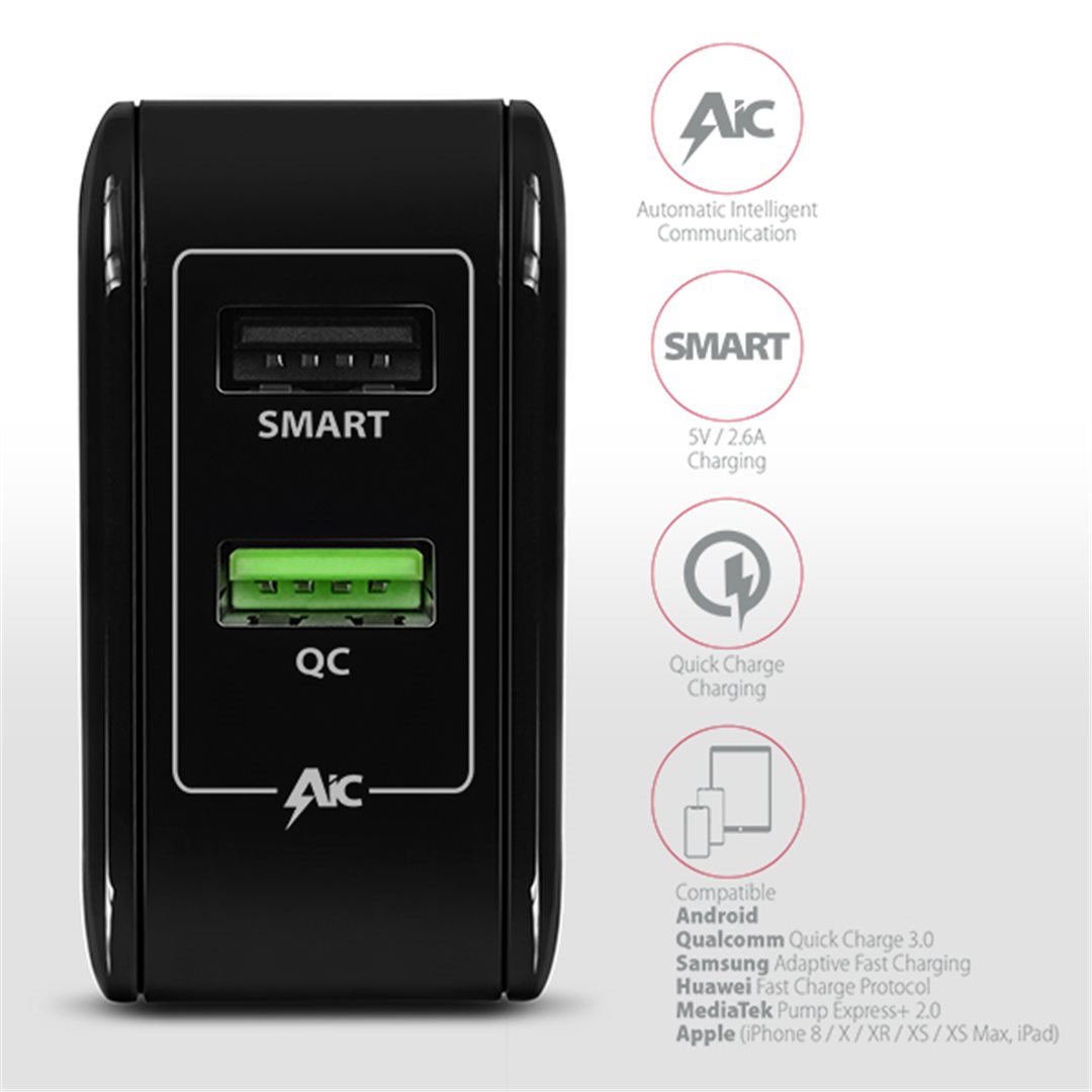 AXAGON ACU-QC5, QUICK a SMART nabíječka do sítě, 2x port QC3.0/AFC/FCP + 5V-2.6A, 31W