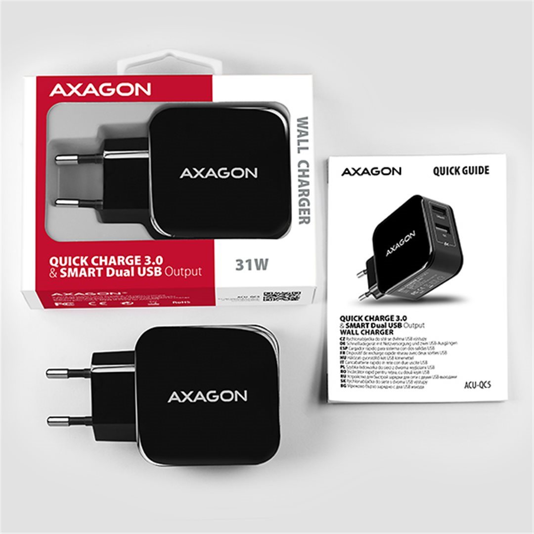 AXAGON ACU-QC5, QUICK a SMART nabíječka do sítě, 2x port QC3.0/AFC/FCP + 5V-2.6A, 31W