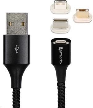 4smarts magnetický kabel GRAVITYCord 2.0 s USB-C, microUSB a Lightning konektory, délka 50 cm, černá