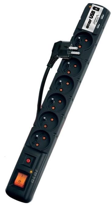 Acar USB 3m kabel 6 zásuvek 2xUSB přep.ochr.černý