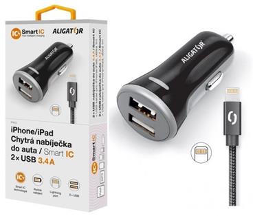 ALIGATOR Chytrá nabíječka do auta 3.4A, 2xUSB, smart IC, černá, USB kabel pro iPhone/iPad