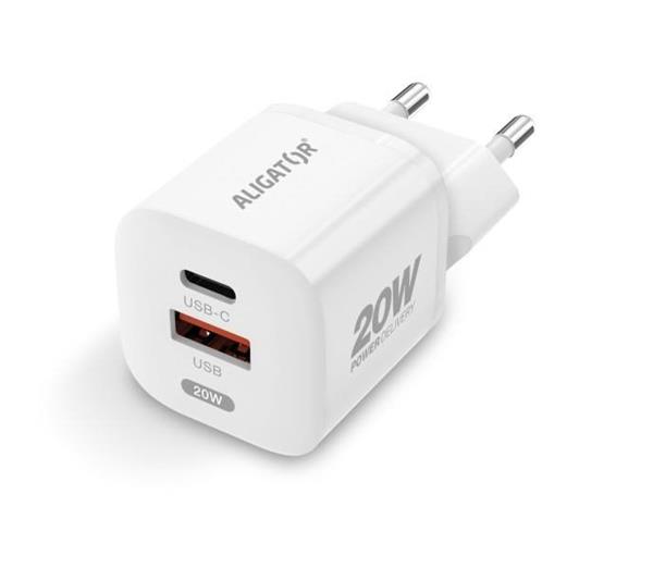 ALIGATOR chytrá síťová mini nabíječka PD 20W, 1x USB-A + 1x USB-C, bílá