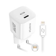 ALIGATOR chytrá síťová mini nabíječka PD 20W, 1x USB-C, kabel USB-C/Ligtning, bílá