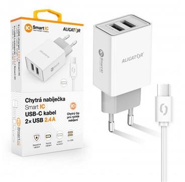 ALIGATOR Chytrá síťová nabíječka 2,4A, 2xUSB, smart IC, bílá, USB-C kabel