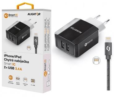 ALIGATOR Chytrá síťová nabíječka 3.4A, 2xUSB, smart IC, černá, USB kabel pro iPhone/iPad 2A
