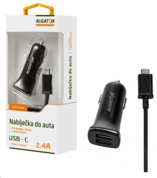 Aligator nabíječka do auta Turbo charge, 12/24 V, 2,4 A, USB-C, 2x USB výstup, černá