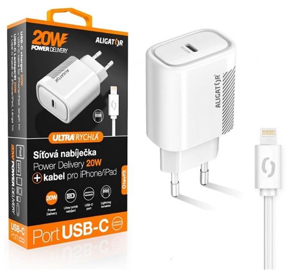 Aligator POWER DELIVERY 20W, USB-C, bílá, USB-C kabel pro iPhone/iPad