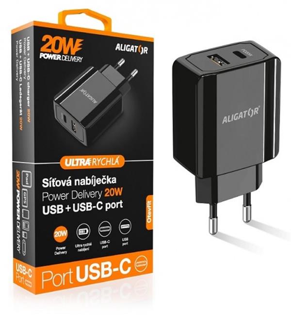 Aligator POWER DELIVERY 20W, USB + USB-C, černá