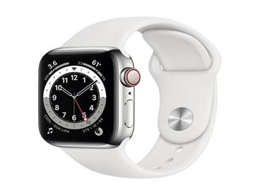 Apple Watch Series 6 44mm Cellular stříbrná ocel s bílým sportovním řemínkem