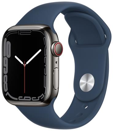 Apple Watch Series 7 Cellular 41mm grafitová ocel s hlubomořsky modrým sportovním řemínkem
