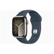 Apple Watch Series 9 Cellular 41mm Stříbrná ocel s bouřkově modrým sportovním řemínkem S/M