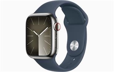 Apple Watch Series 9 Cellular 41mm Stříbrná ocel s bouřkově modrým sportovním řemínkem S/M