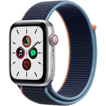 Apple Watch Series SE 44mm Cellular stříbrný hliník s námořnicky tmavomodrým provlékacím sportovním řemínkem