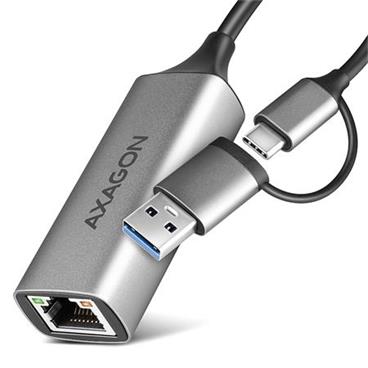AXAGON ADE-TXCA, USB-C + USB-A 3.2 Gen 1 - Gigabit Ethernet síťová karta, auto instal, titanově šedá