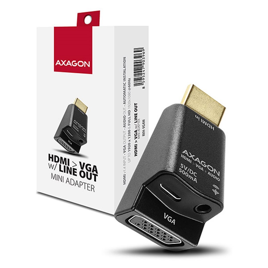AXAGON RVH-VGAM, HDMI -> VGA MINI AKTIVNÍ redukce / adaptér, FullHD, audio výstup, micro USB nap. konektor