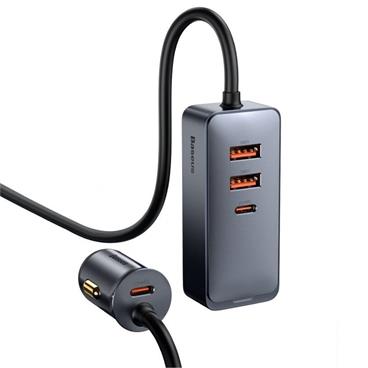 Baseus CCBT-A0G Rychlá Nabíječka do Auta s Prodlužovacím Kabelem 120W 3x USB +1xUSB-C Gray