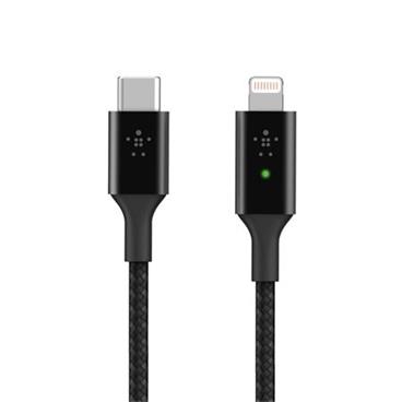 Belkin USB-C Smart LED kabel s lightning konektorem, 1,2m, černý - odolný
