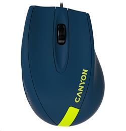 CANYON myš drátová M-11, 3 tlacítka, 1000dpi, pogumovaný povrch, modrá - žluté logo