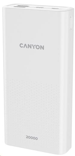 CANYON powerbanka 20000mAh Li-poly, Input 5V/2A microUSB + USB C, Output 5V/2.1A USB-A, bílá