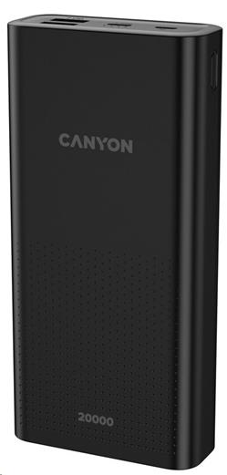 CANYON powerbanka 20000mAh Li-poly, Input 5V/2A microUSB + USB C, Output 5V/2.1A USB-A, černá