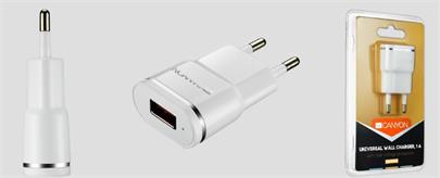 CANYON Universal 1xUSB AC charger (in wall) with over-voltage protection , Input 100V-240V, Output 5V-1A, white glossy p