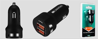 CANYON Universal 2xUSB car adapter, Input 12V-24V, Output 5V-2.4A, with Smart IC, black rubber coating with silver elec