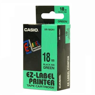 Casio originální páska do tiskárny štítků, Casio, XR-18GN1, černý tisk/zelený podklad, nelaminovaná, 8m, 18mm