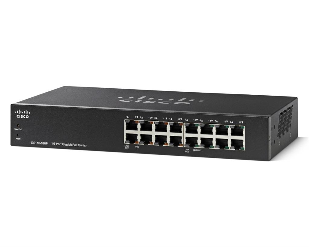 Cisco SG110-16HP 16-Port PoE Gigabit Switch, PoE 64W/8 ports