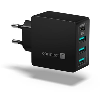 CONNECT IT Fast Charge nabíjecí adaptér 3xUSB-A + 1xUSB-C, 4,8A, černý