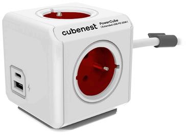 Cubenest Powercube Extended USB PD 20W, A+C, 4× zásuvka, 1,5m, bílá/červená, dětská pojistka, uzemnění, dok, 10A/250V