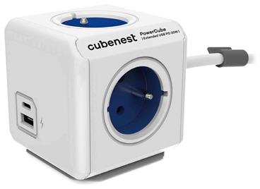 Cubenest Powercube Extended USB PD 20W, A+C, 4× zásuvka, 1,5m, bílá/modrá, dětská pojistka, uzemnění, dok, 10A/250V