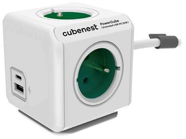 Cubenest Powercube Extended USB PD 20W, A+C, 4× zásuvka, 1,5m, bílá/zelená, dětská pojistka, uzemnění, dok, 10A/250V