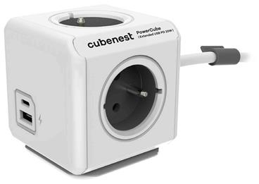 Cubenest Powercube Extended USB PD 20W, A+C, 4× zásuvka, 3m, bílá/šedá, dětská pojistka, uzemnění, dok, 10A/250V