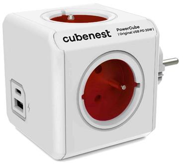 Cubenest Powercube Original USB PD 20W, A+C, 4× zásuvka, bílá/červená, dětská pojistka, uzemnění, max. 16A/250V~3680W