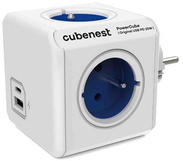 Cubenest Powercube Original USB PD 20W, A+C, 4× zásuvka, bílá/modrá, dětská pojistka, uzemnění, max. 16A/250V~3680W