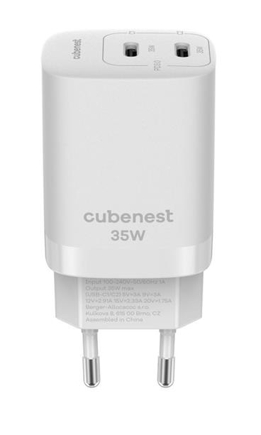 CubeNest S2D1 GaN Adaptér 35W bílá (2× USB-C až 35 W), PD, přepěťová a podpěťová ochrana, s technologií GaN, pro iPhone