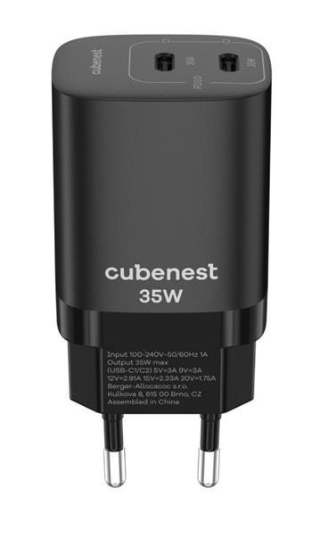 CubeNest S2D1 GaN Adaptér 35W černá (2× USB-C až 35 W), PD, přepěťová a podpěťová ochrana, s technologií GaN, pro iPhone