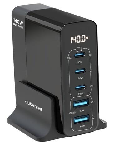 CubeNest S5D0 GaN Adaptér 140W (3× USB-C až 140 W, 2× USB-A až 60 W), PD 3.1, přepěťová a podpěťová ochrana, displej