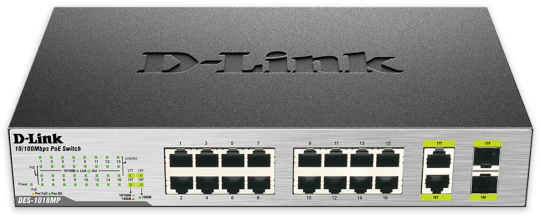 D-Link DES-1018MP 16-Ports (8 Ports PoE) Fast Ethernet Unmanaged Switch, 2 1000Base-T/SFP Combo Ports
