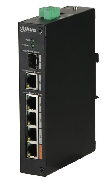 DAHUA PoE switch 4x 100Mb + 1x 1Gb + 1x SFP 1Gb, 4x PoE 802.3af/at do 60W, DIN, IP30, -30~65°C