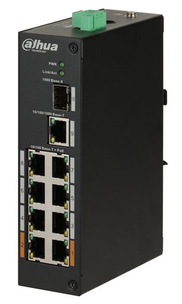 DAHUA PoE switch 8x 100Mb + 1x 1Gb + 1x SFP 1Gb, 6x PoE 802.3af/at, 2x HiPoE 60W, celkem max. 96W, DIN, IP30, -30~65°C