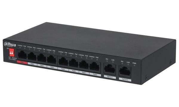 DAHUA PoE switch 8x 100Mb + 2x GbE, 1x PoE 90W 802.3bt + 7x PoE 802.3at, celkem PoE 96W, extend mód 10Mb@250m