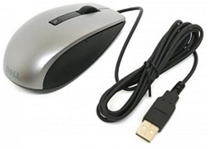 Dell Myš: Stříbrná a černá laserová myš Dell USB s posunovacím kolečkem (6 tlačítek)