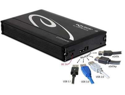 Delock 2.5” externí skříň pro SATA HDD s připojením na Multiport SuperSpeed USB 10 Gbps (USB 3.1 Gen 2) (až do 15 mm HDD