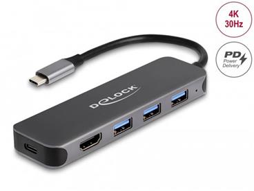 Delock 3 porty USB rozbočovač a výstup 4K HDMI s připojením USB Type-C™ a s PD, 85 W