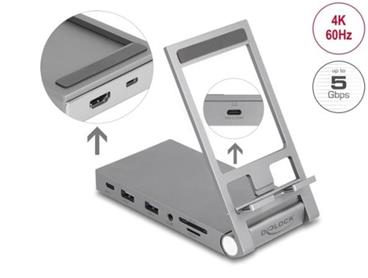 Delock Dokovací stanice na tablety a laptopy, 4K, s integrovaným držákem — HDMI/USB/HUB/SD/Micro SD/PD3.0 - skládací