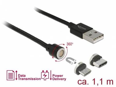 Delock Magnetický USB datový a napájecí kabelový set pro Micro USB / USB Type-C™ černý 1,1 m