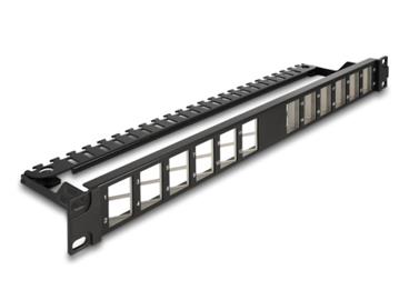 Delock Patch panel Keystone 19”, 24 portový, úhlový, s uvolňováním napětí, černý