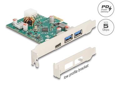 Delock PCI Express x1 karta na 1 x externí zásuvku USB Type-C™, PD, 30 W + 2 x externí zásuvky USB Typ-A, USB 5 Gbps